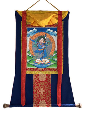 SIMHAMUKHI YOGINI ORIGINAL TIBETAN THANGKA PAINTING WITH SILK BROCADE
