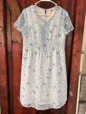 IW Womens Knee Dress Floral V-Neck Short Sleeve Button Lined Smocked Blue Medium