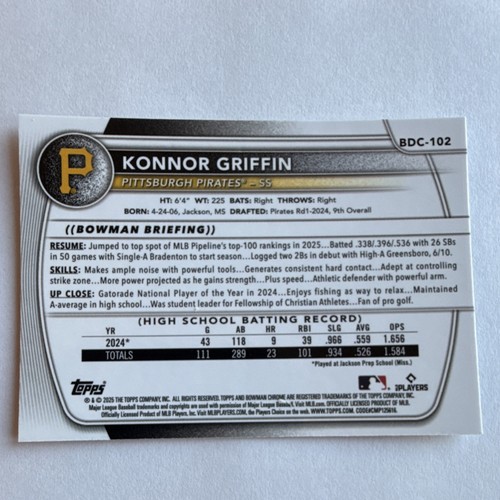 Topps 2025 Bowman Draft Mojo Prospect #BDC-102 Konnor Griffin Pirates - Bild 2 von 7
