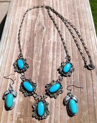 STERLING SILVER NAVAJO SGN TURQUOISE/& BLOCK TURQUOISE LARIAT NECKLACE/EARRINGS 