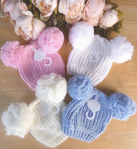 Baby Winter Warm Knitted Hat Pom Boy Girl White Pink Blue Cream Grey Ribbed 0 3m - Picture 4 of 14