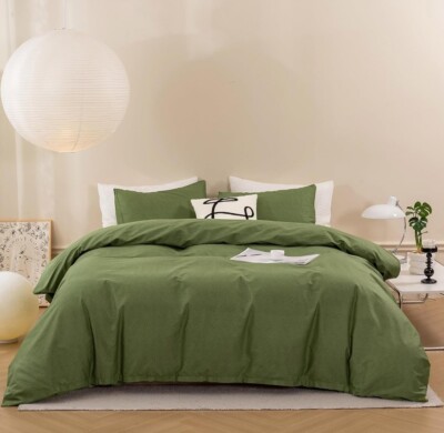 Duvet Cover Queen 100% Cotton 3 Pieces Duvet Cover With Zipper Closure (Green)