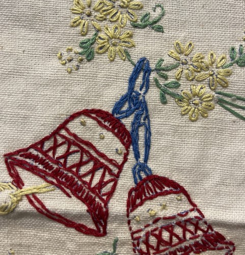 Vintage Linen Needlepoint Table Decoration With Bells And Flowers Designs. - Picture 3 of 6
