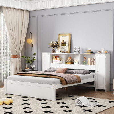 Solid Wood Platform Bed with Storage Headboard & Lockers Twin Full Captain's Bed