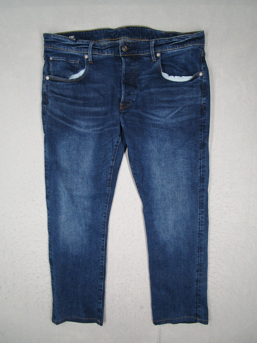 G Star Raw Jeans Mens 38 Blue 3301 Straight Leg Button Fly Denim 