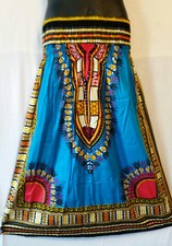 Women Skirt African Ankara Dashiki Print High Waist Elastic Free Size Turquoise