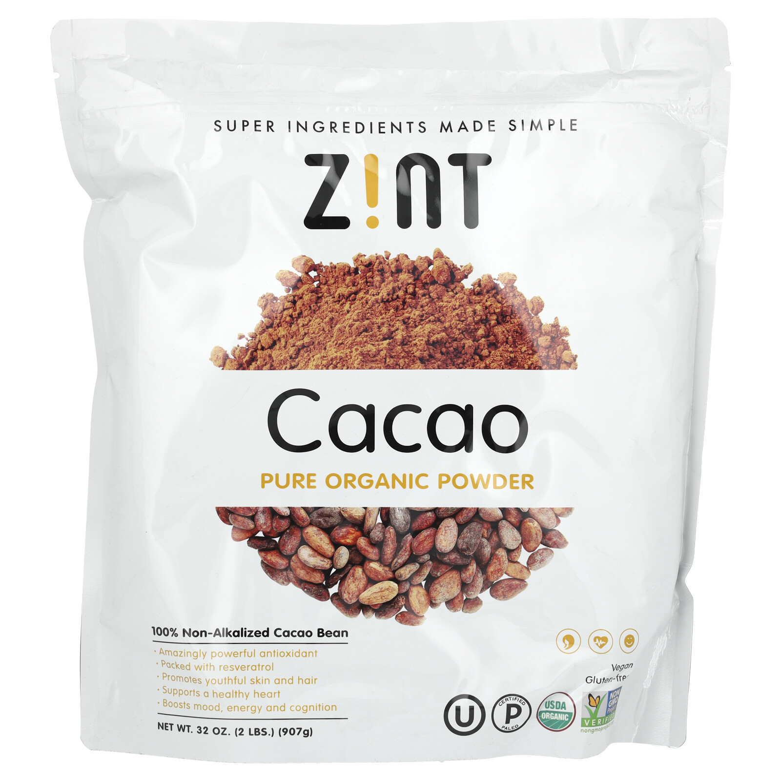 Zint Raw Organic Cacao Powder 32 унции 907 г Без молока, без глютена, кошерный,