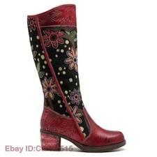 Boho Women Flower Splicing Genuine Leather Knee High Boots Cowboy Zip Boots