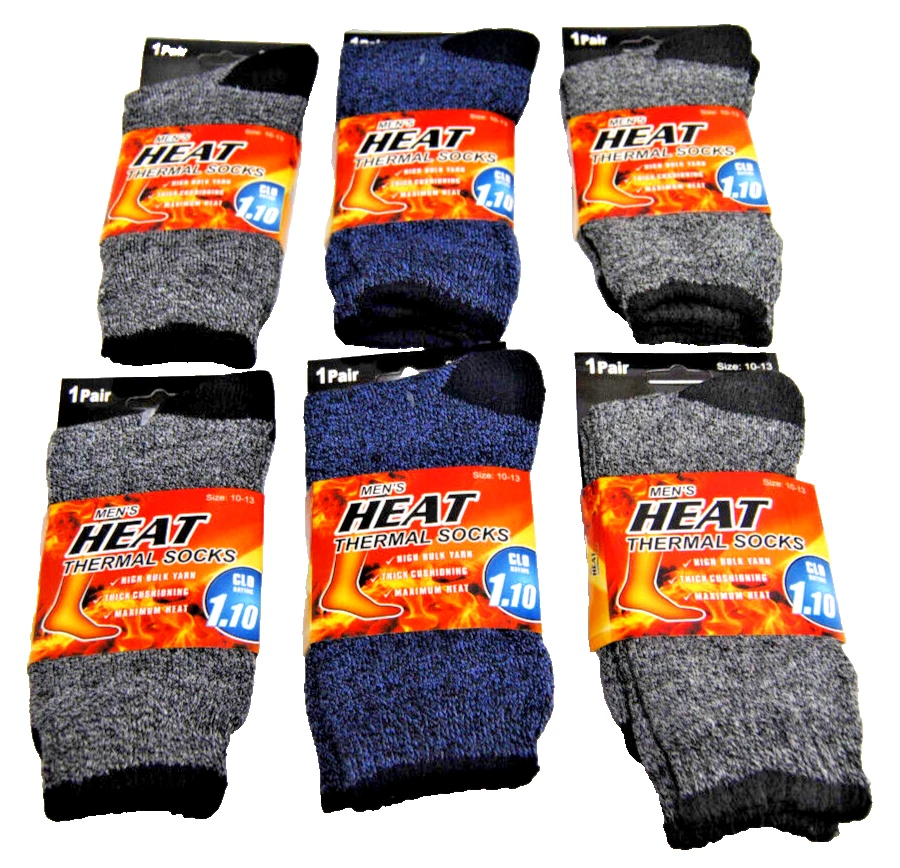 Men's Heat Thermal Socks Size 10-13 CLO Rating 1.10 Lot of 6 Asst'd Pairs T2248