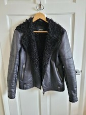 Barneys Originals Black Borg Lined Faux Leather Biker Jacket Size S 8 10