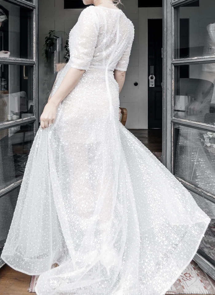 See through Sequin Beaded Sparkly Dress, A Line Sparkly Bridal Gown Over Dress - Image 4 of 4