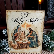 O HOLY NIGHT FOLK VINTAGE PRIMITIVE STYLE CHRISTMAS JESUS MANGER NATIVITY SIGN