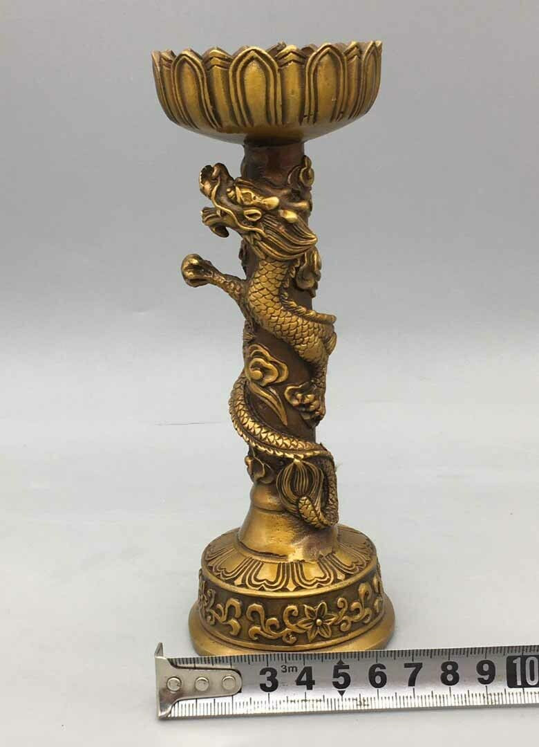 China Old Tibet Buddhism Xuande Mark Bronze Gilt Dragon Phoenix Candlestick Pair