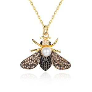 Authentic Gold Plated 1.15 Carat CZ & Pearl Bee Pendant & Necklace Gold or Rose Gold