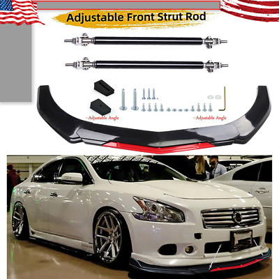 Front Bumper Lip Spoiler Splitter Body+Strut Rods Glossy Black For Nissan Maxima