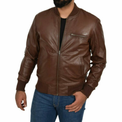 Latest Design Men's Retro Bomber Jacket 100% Genuine Leather Brown Biker Jacket