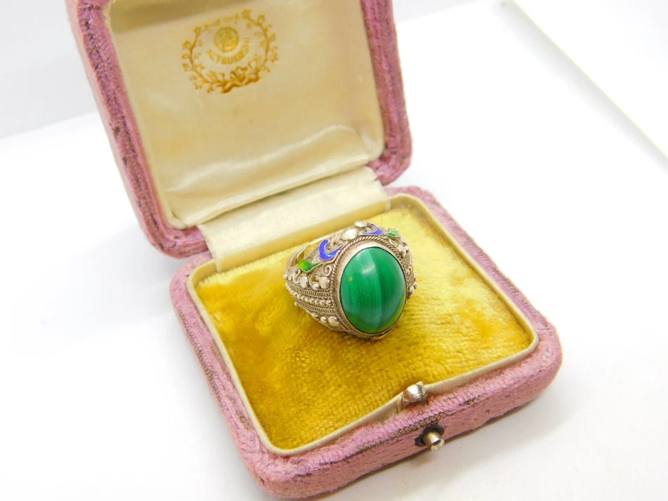 Anillo de sello de plata esterlina, malaquita cabujón y esmalte de exportación china c1950 Foto 3 de 4