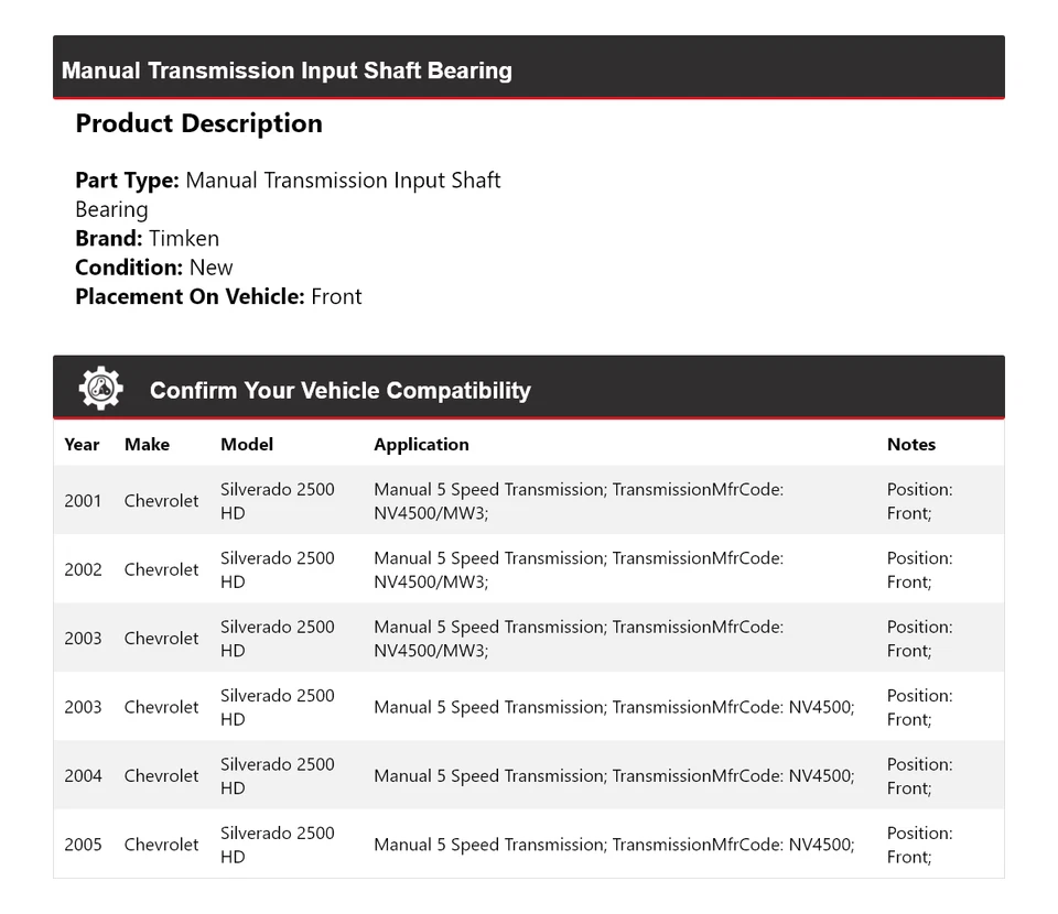 Para 01-05 Chevrolet Silverado 2500 HD manual trans eixo de entrada rolamento Timken - Imagem 2 de 4