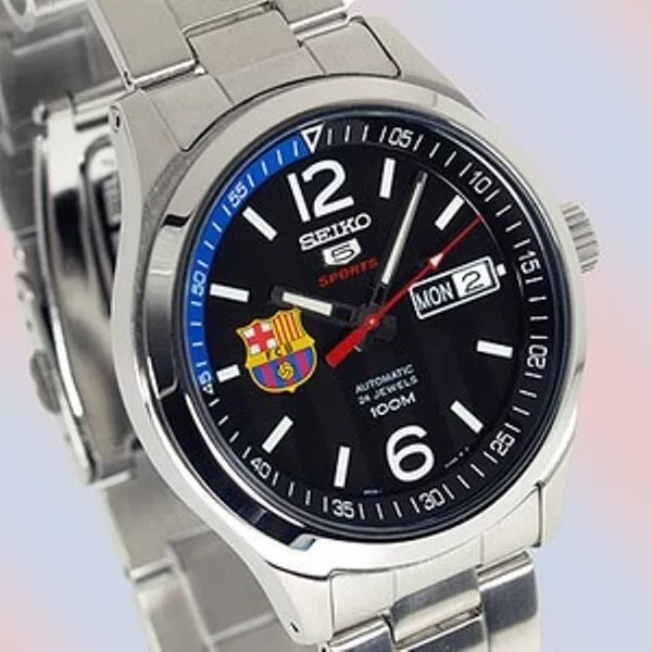Seiko 5 SRP301K1 Sports Barcelona Barca Football Silver Black Blue