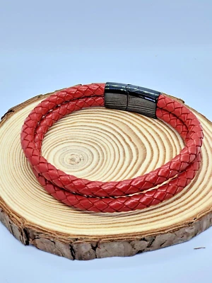 Bracelet tressé en cuir¦Double couche rouge¦Fermoir magnétique en acier - Photo 1/3