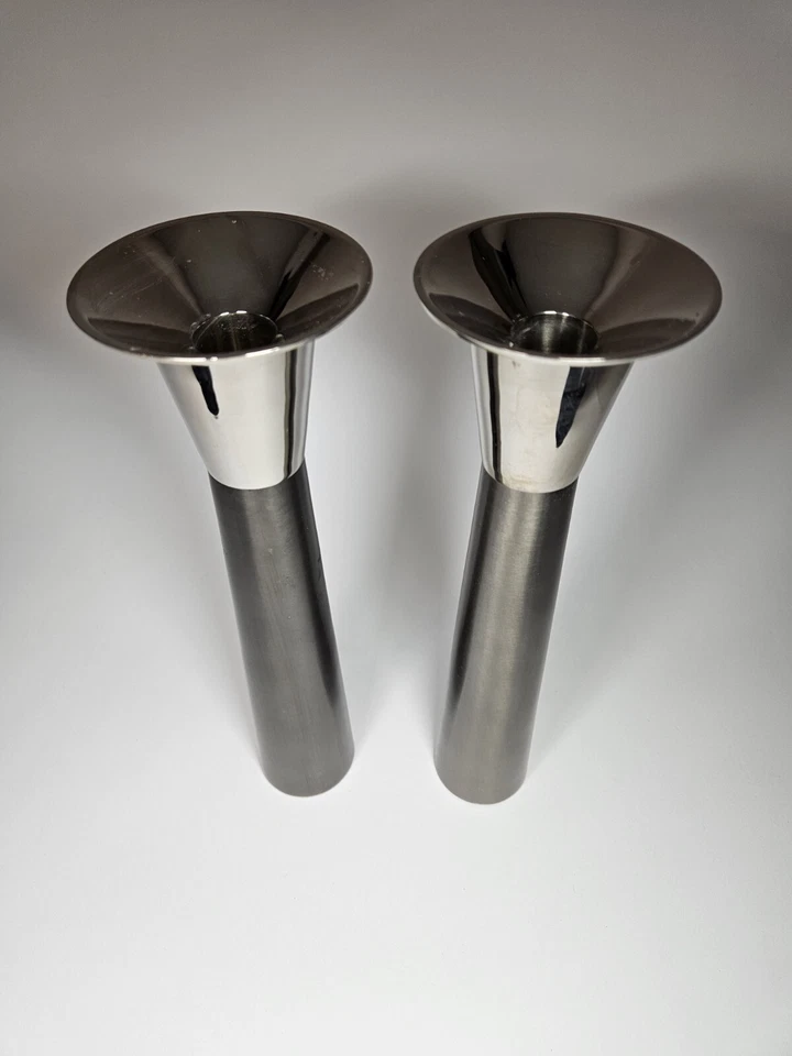 Crate and Barrel Metal Nickel Gray Taper Pair Candle Holders Candlesticks MCM - Image 2 of 4