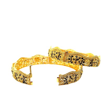 Two Vintage 22k Karat Yellow Gold Black enamel Bangle Bracelets set 54.55 Grams
