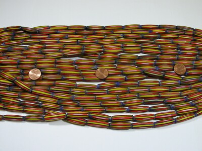 15 Strands 15'' India Handmade Long Oval Yellow/Red Chevron Glass Beads Lot (P-8)