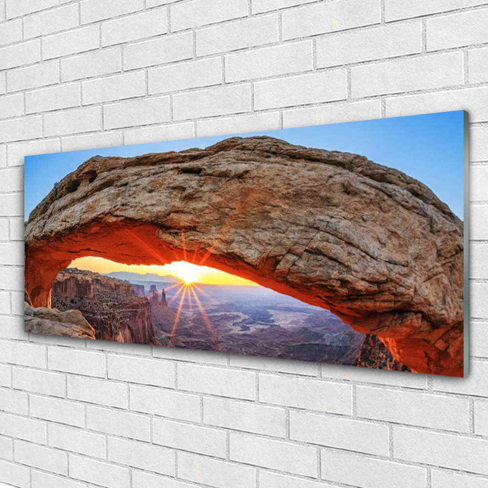 Tableau murale en verre 125x50 cm Tulup motif rocher et soleil couchant
