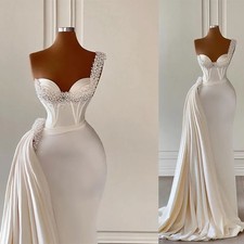 One Shoulder Mermaid Wedding Dresses Pearls Beaded Satin Bridal Gowns Train