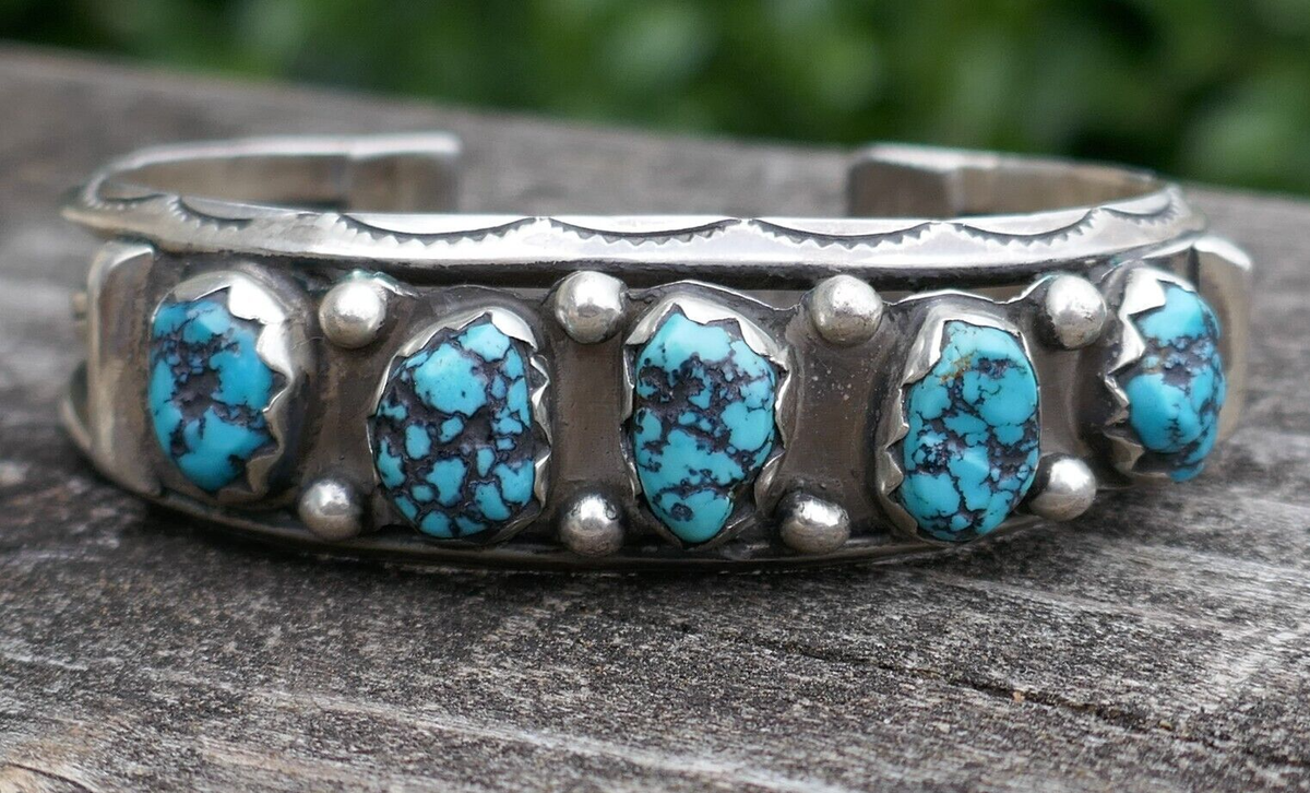 Antique Navajo Sterling Silver & Turquoise Pawn Stamp Work Antique Navajo Sterling Silver & Turquoise Pawn Stamp Work