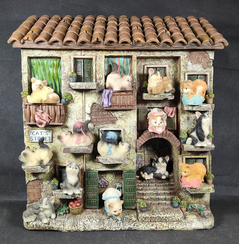 Miniature Collectable Building ~ "CAT'S STREET HOUSE" ~ With 14 Cat Figures