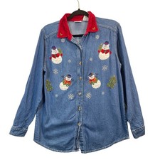 Bobbie Brooks Women Denim Shirt Snowman Christmas Embroidery Red Collar Size S