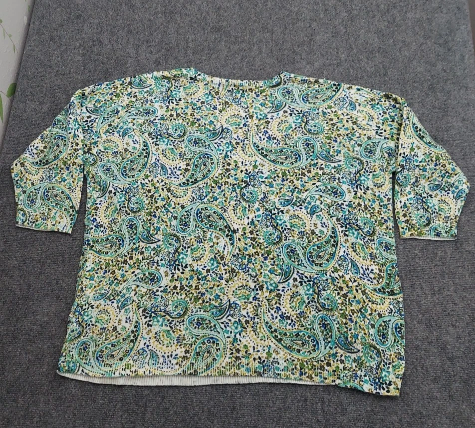 J Jill Sweater Top Womens XL Green Paisley 3/4 Sleeve Crew Neck Lightweight - Image 2 of 4