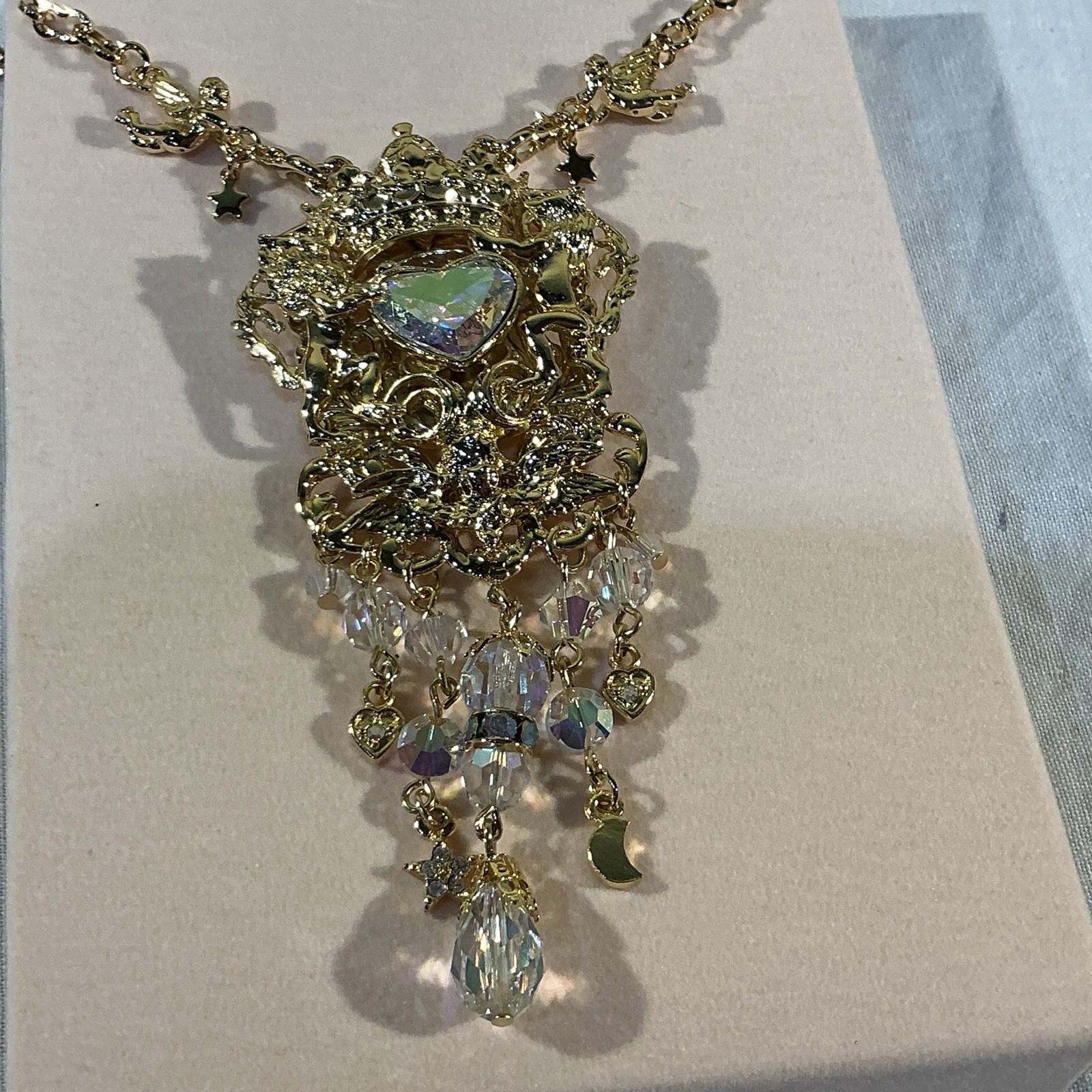 Kirks Folly QVC Medieval Gold Tone AB Crystal Heart Dangle Pin Brooch Necklace