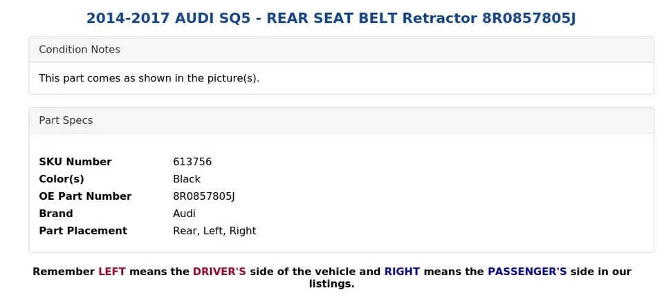 AUDI SQ5 2014-2017 - CINTURÓN DE SEGURIDAD TRASERO retractor 8R0857805J Foto 4 de 4