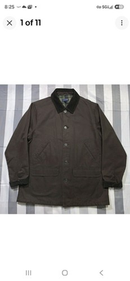 #ad Lands End Vintage Men#x27;s Large Brown Barn Coat Cordoroy Collar Tartan Lining $75.00