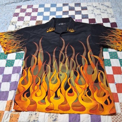 No Boundaries VTG Y2K Bowling Style Flame Fire Button Up Shirt Size Medium