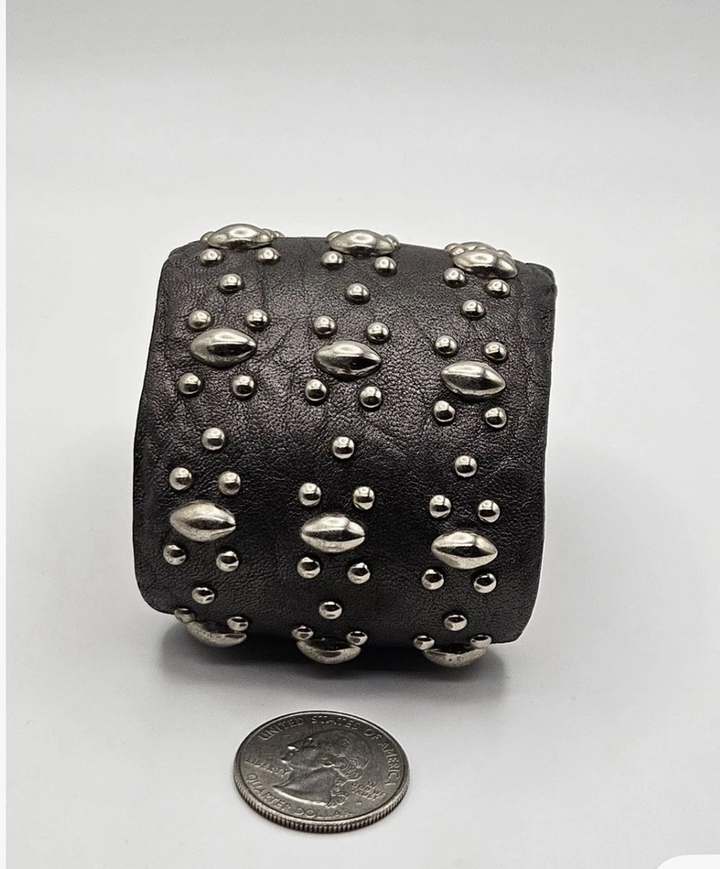 Calleen Cordero Western Style Dark Brown Leather Studded Wide Cuff Bracelet - Image 4 of 4