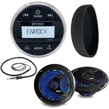 Black 6.5" Marine LED Speakers, Bluetooth Gauge AM FM Round Radio, Cover Antenna
