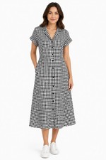 Quince 100% Linen Gingham Shirt Dress Large Black White Button Front Midi