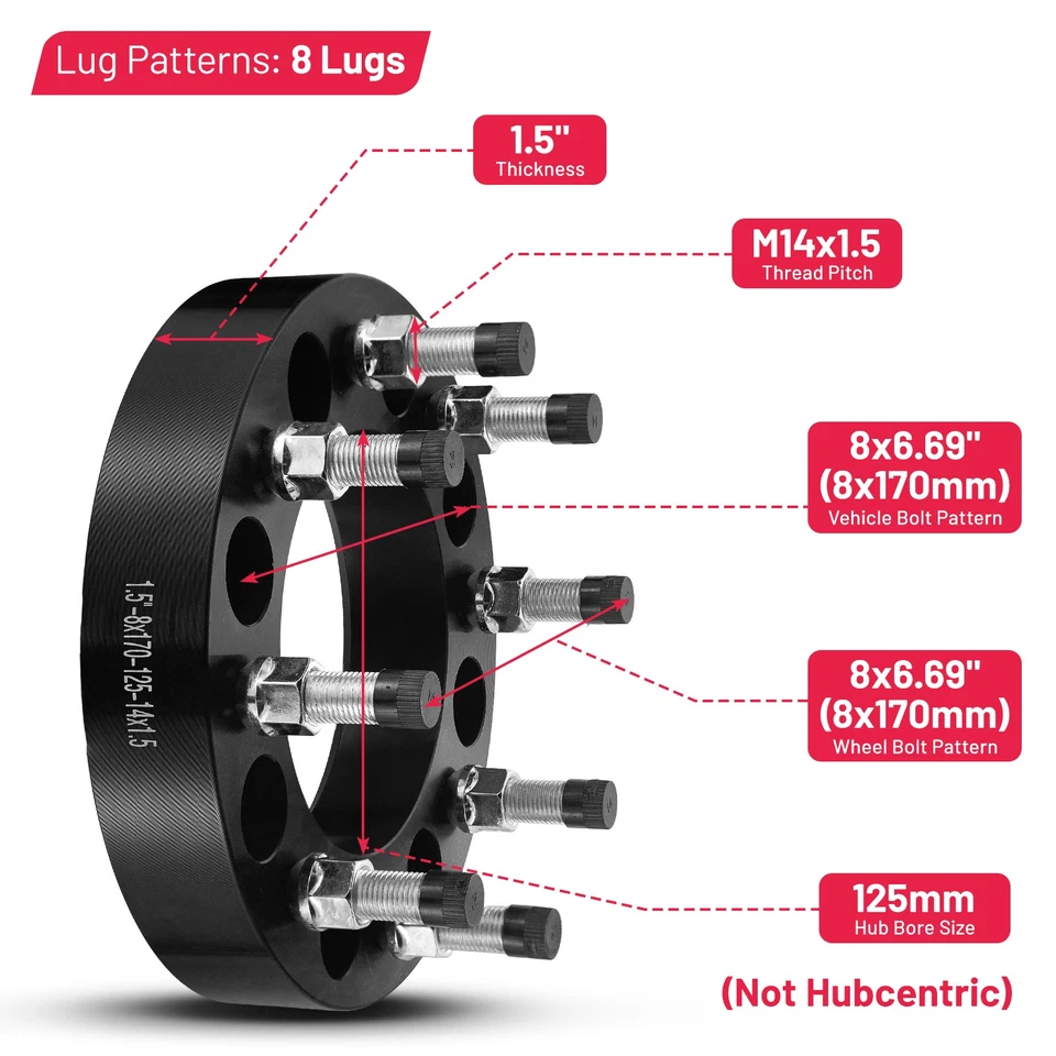 4pcs 1.5" 8x170 Wheel Spacers 125mm CB For 03-25 Ford F350 Super Duty - Image 2 of 4