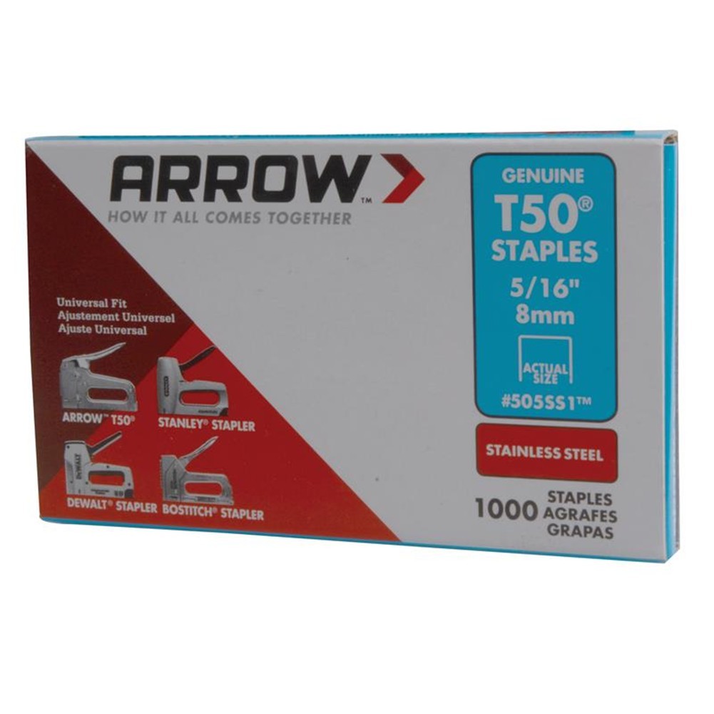 Arrow T50 Staples Stainless Steel 505SS 8mm (5/16in) (Box 1000) ARRT50516SS
