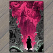 Art Print Man Trenchcoat Gothic Castle Tentacles Pink Sky Monster Horror Surreal