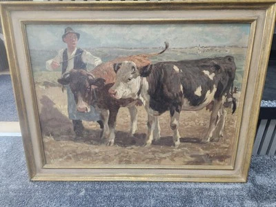 Ölgemälde Jo Strahn *1904  Bauer und Kühe  - Bild 1 von 4