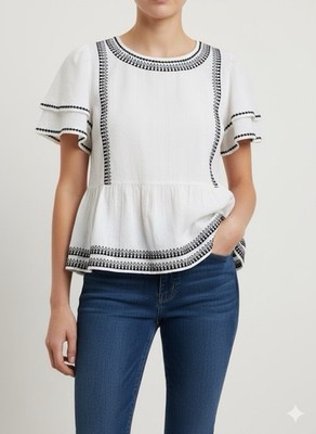 LOFT White Embroidered Peplum Size M Short Sleeve Boho Ruffle Trim Cotton Linen