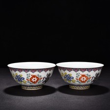 6.1" China Old Classic Qing Kangxi Mark Porcelain A Pair Colour Enamels Bowls