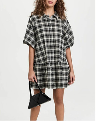 NWT Jonathan Simkhai Standard Crissy Plaid Mini Dress Black White Size Large