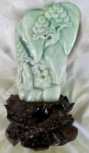 Jade Carved Mountain Tree People Flower Statue Sculpture 9” Wood Base Signed