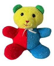 Vintage Eden Teddy Bear Plush Baby Rattle Toy Primary Colorblock Terrycloth 6"
