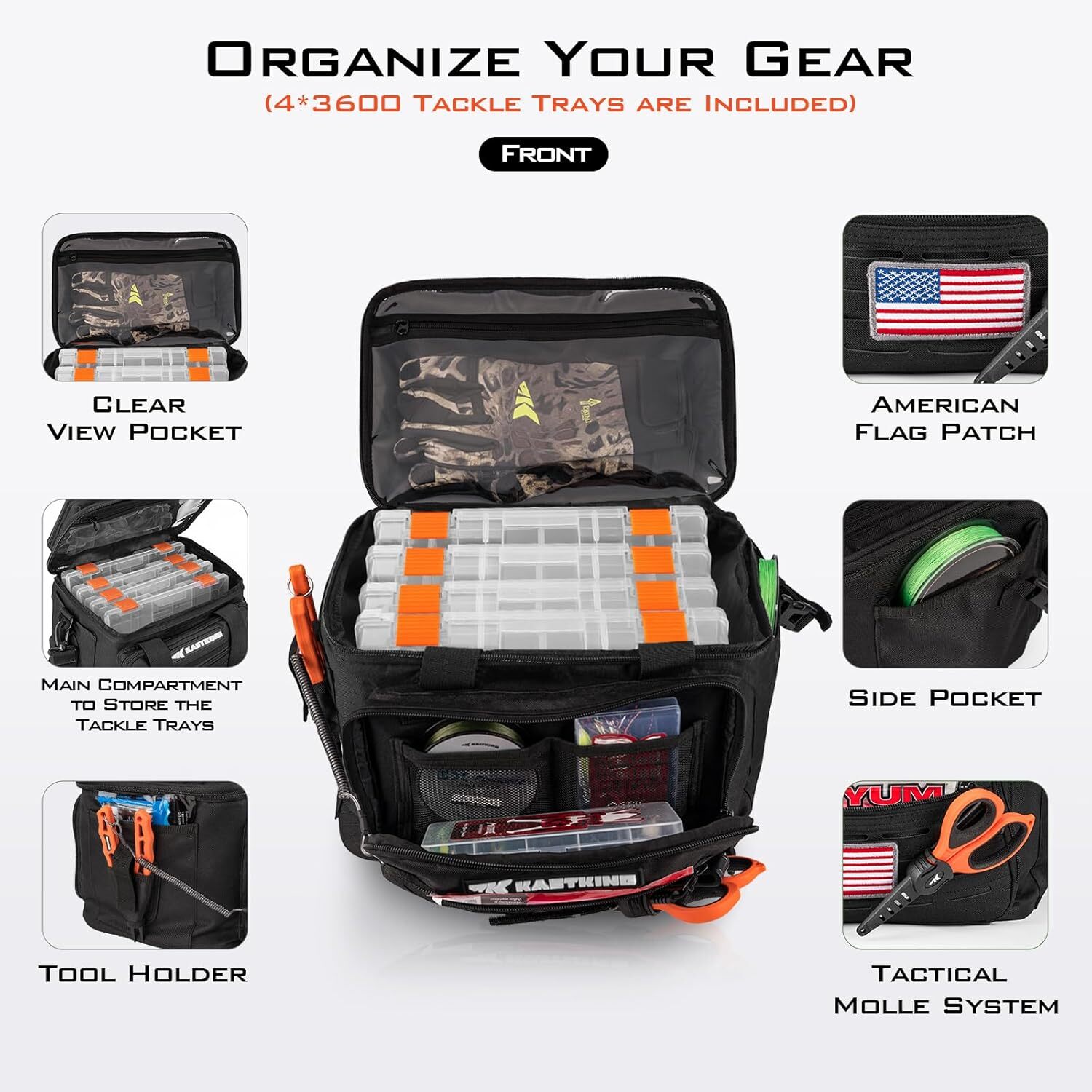 KastKing Karryall Tackle Bags Fishing With 4 * 3600 /3700 Tackle Trays Storage